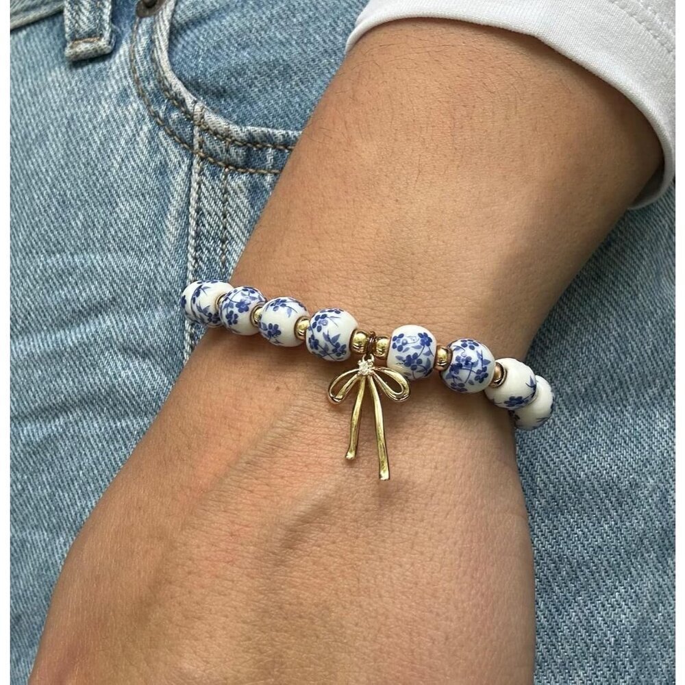 Beads Bow Charm Bracelet for Women - Handmade Flower Vintage Stretch Jewelry - Picture 2 of 9
